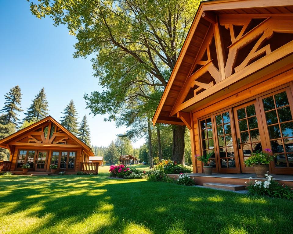 A serene scene of wooden bungalows nestled in a lush green landscape under a bright blue sky. In the foreground, showcase two charming wooden bungalows with large glass windows, intricately designed wooden beams, and small porches adorned with potted plants. In the middle ground, vibrant flowers and well-kept gardens surround the bungalows, offering a cozy, inviting atmosphere. In the background, tall trees provide shade, completing a tranquil retreat feel. Soft, warm sunlight filters through the leaves, creating dappled shadows on the lush grass. Capture the scene with a wide-angle lens for an expansive view, enhancing the peaceful and idyllic mood. Convey a sense of comfort and harmony with nature, ideal for showcasing the beauty of wooden bungalows. A serene scene of wooden bungalows nestled in a lush green landscape under a bright blue sky. In the foreground, showcase two charming wooden bungalows with large glass windows, intricately designed wooden beams, and small porches adorned with potted plants. In the middle ground, vibrant flowers and well-kept gardens surround the bungalows, offering a cozy, inviting atmosphere. In the background, tall trees provide shade, completing a tranquil retreat feel. Soft, warm sunlight filters through the leaves, creating dappled shadows on the lush grass. Capture the scene with a wide-angle lens for an expansive view, enhancing the peaceful and idyllic mood. Convey a sense of comfort and harmony with nature, ideal for showcasing the beauty of wooden bungalows.