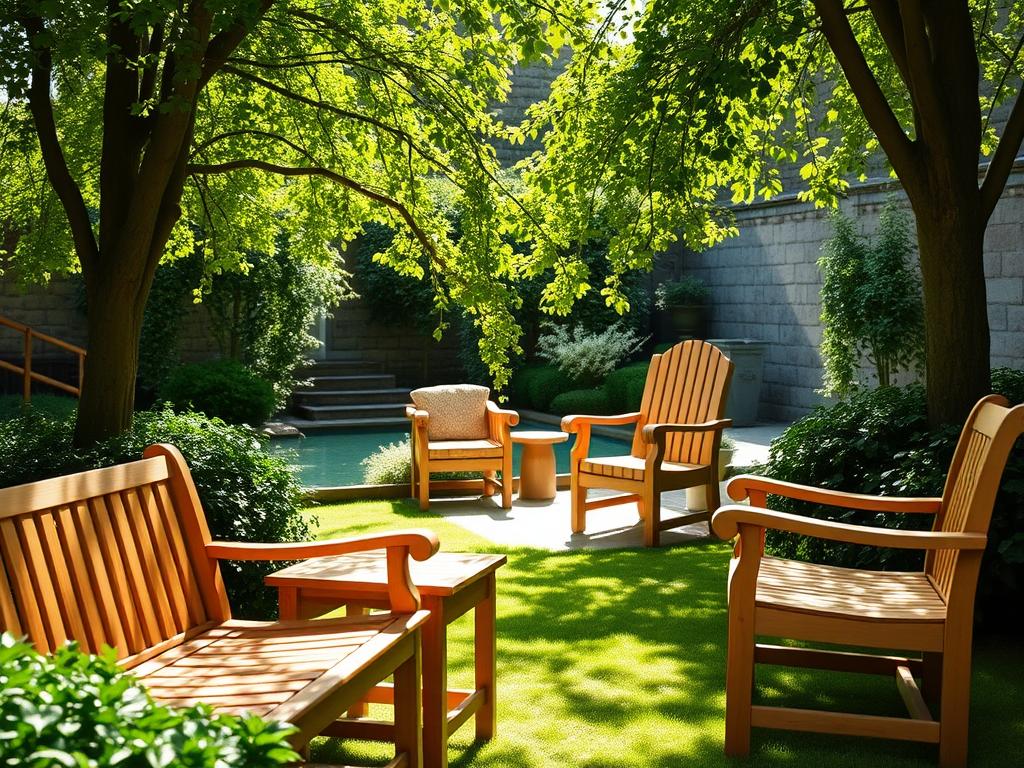 Gartenmöbel aus Holland: Ihr Schlüssel zu Wohlfühlmomenten - Garten & Outdoor Living - A serene sun dappled Dutch garden scene featuring a collection of classic high quality wooden 1