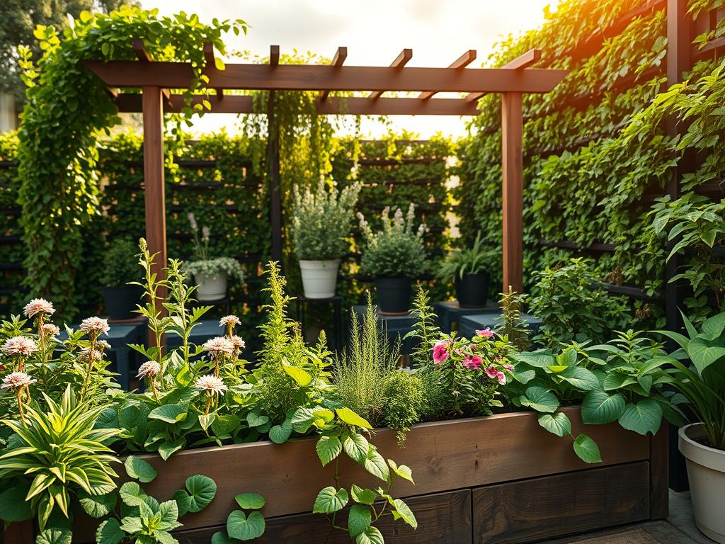 A serene, sustainable terrace garden with lush greenery and natural textures. In the foreground, a raised planter box overflows with a vibrant mix of flowering plants and herbs. Mid-ground, a wooden pergola casts dappled shadows, supporting trailing vines and potted shrubs. In the background, a living green wall frames the scene, its verdant foliage softly illuminated by warm, diffused sunlight filtering through wisps of cloud. The overall composition evokes a sense of harmony, tranquility, and a connection to the natural world, perfectly capturing the essence of a sustainable, eco-friendly terrace garden. A serene, sustainable terrace garden with lush greenery and natural textures. In the foreground, a raised planter box overflows with a vibrant mix of flowering plants and herbs. Mid-ground, a wooden pergola casts dappled shadows, supporting trailing vines and potted shrubs. In the background, a living green wall frames the scene, its verdant foliage softly illuminated by warm, diffused sunlight filtering through wisps of cloud. The overall composition evokes a sense of harmony, tranquility, and a connection to the natural world, perfectly capturing the essence of a sustainable, eco-friendly terrace garden.