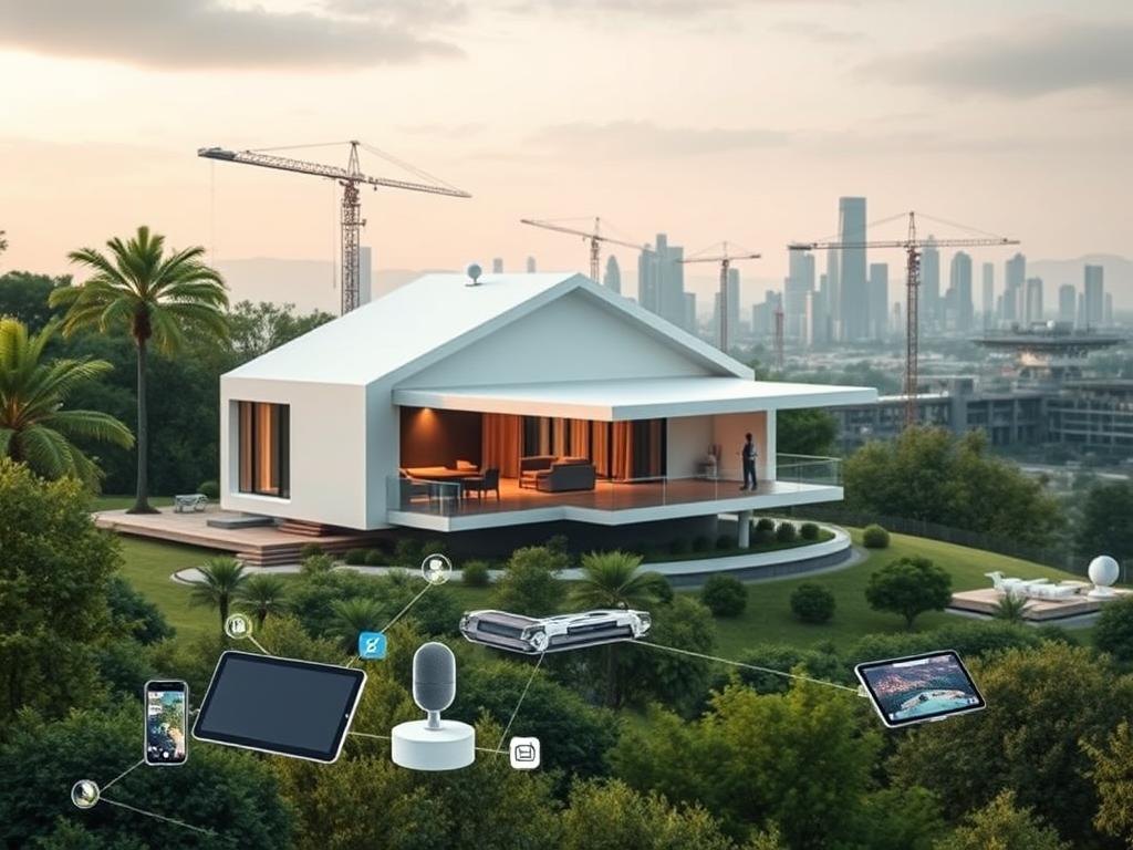 A sleek, modern house nestled in a lush, verdant landscape. In the foreground, an array of futuristic digital devices - tablets, smart home controllers, and voice assistants - seamlessly integrated into the home's minimalist design. The middle ground showcases a technologically advanced construction site, with robotic cranes, 3D-printed building materials, and augmented reality overlays guiding the workers. In the background, a cityscape of towering skyscrapers and futuristic infrastructure, hinting at the interconnected, smart city ecosystem. Soft, warm lighting accentuates the clean lines and high-tech aesthetic, conveying a sense of efficiency, innovation, and the harmonious integration of digital and physical realms.