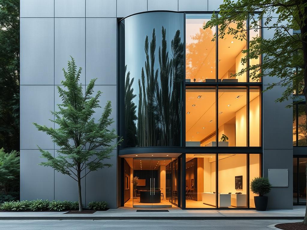 A sleek, modern office building with a minimalist facade in shades of gray and white. The main entrance is highlighted by a large, curved glass panel that reflects the surrounding environment. The building is set against a backdrop of lush, verdant foliage, creating a harmonious contrast between the natural and the built environment. Soft, natural lighting filters through the glass, illuminating the interior and casting a warm glow on the exterior. The overall atmosphere conveys a sense of professionalism, innovation, and a commitment to sustainable design principles that align with the Trendhaus Handelsgesellschaft brand. A sleek, modern office building with a minimalist facade in shades of gray and white. The main entrance is highlighted by a large, curved glass panel that reflects the surrounding environment. The building is set against a backdrop of lush, verdant foliage, creating a harmonious contrast between the natural and the built environment. Soft, natural lighting filters through the glass, illuminating the interior and casting a warm glow on the exterior. The overall atmosphere conveys a sense of professionalism, innovation, and a commitment to sustainable design principles that align with the Trendhaus Handelsgesellschaft brand.