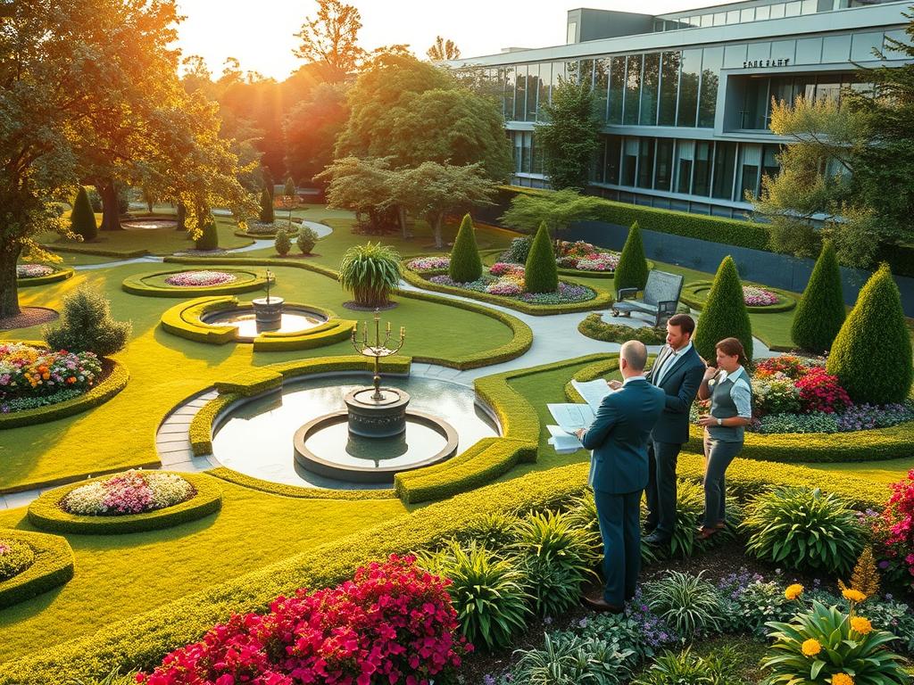 A sprawling garden landscape, with lush greenery and vibrant floral arrangements. In the foreground, a group of professionals dressed in business attire engaged in a discussion, gesturing animatedly as they examine detailed plans and blueprints. The middle ground features neatly trimmed hedges, winding pathways, and a water feature reflecting the warm sunlight filtering through the canopy of mature trees. In the background, a modern office building with sleek, contemporary architecture stands as a testament to the integration of nature and urban design. The overall mood is one of professionalism, collaboration, and a harmonious blend of natural and man-made elements, capturing the essence of the "Marktanalyse und Zielgruppen" section of the article. A sprawling garden landscape, with lush greenery and vibrant floral arrangements. In the foreground, a group of professionals dressed in business attire engaged in a discussion, gesturing animatedly as they examine detailed plans and blueprints. The middle ground features neatly trimmed hedges, winding pathways, and a water feature reflecting the warm sunlight filtering through the canopy of mature trees. In the background, a modern office building with sleek, contemporary architecture stands as a testament to the integration of nature and urban design. The overall mood is one of professionalism, collaboration, and a harmonious blend of natural and man-made elements, capturing the essence of the "Marktanalyse und Zielgruppen" section of the article.