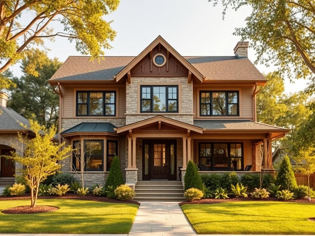 A stately 3-story house nestled in a tranquil suburban setting, its façade adorned with clean, modern lines and a mix of natural stone and warm wooden accents. The front garden is meticulously landscaped, with lush greenery and a welcoming pathway leading to the inviting main entrance. Warm sunlight filters through large, energy-efficient windows, casting a cozy glow throughout the interior. The roofline features a harmonious blend of gables and flat sections, hinting at the efficient use of space within. This captivating residence embodies the ideal of comfortable, sustainable living in a compact, multi-story design.