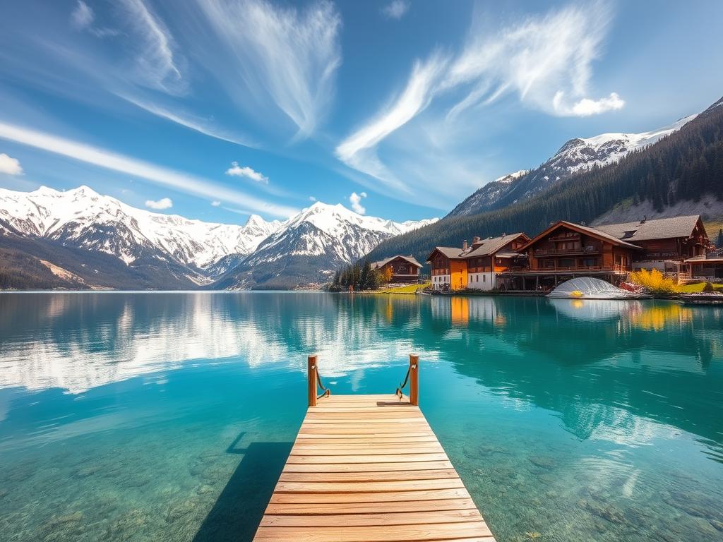 A stunning alpine lake nestled in the picturesque Trendhaus resort, with pristine turquoise waters reflecting the majestic snow-capped peaks in the distance. In the foreground, a wooden dock extends invitingly into the calm waters, beckoning visitors to dip their toes and enjoy the serene atmosphere. The middle ground features a cluster of charming Bavarian-style chalets, their warm, earthy tones complementing the natural beauty of the surroundings. Soft, diffused natural light filters through wispy clouds, casting a gentle glow over the entire scene. The overall mood is one of tranquility, comfort, and the perfect escape from the hustle and bustle of everyday life. A stunning alpine lake nestled in the picturesque Trendhaus resort, with pristine turquoise waters reflecting the majestic snow-capped peaks in the distance. In the foreground, a wooden dock extends invitingly into the calm waters, beckoning visitors to dip their toes and enjoy the serene atmosphere. The middle ground features a cluster of charming Bavarian-style chalets, their warm, earthy tones complementing the natural beauty of the surroundings. Soft, diffused natural light filters through wispy clouds, casting a gentle glow over the entire scene. The overall mood is one of tranquility, comfort, and the perfect escape from the hustle and bustle of everyday life.