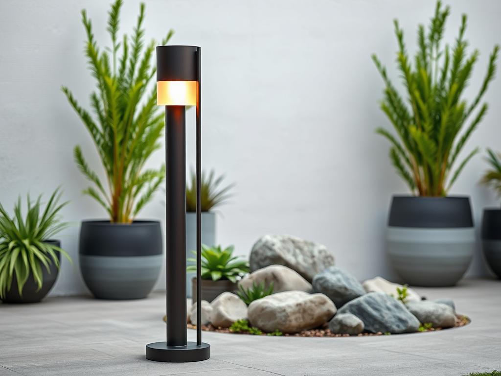 A stunning outdoor lamp design, showcasing a modern and minimalist aesthetic. In the foreground, a sleek, cylindrical lamp fixture in matte black metal stands tall, its soft, ambient glow casting a warm, inviting light onto the surrounding space. In the middle ground, a meticulously curated arrangement of potted plants and natural elements, such as smooth river rocks and lush greenery, create a serene, nature-inspired setting. The background features a clean, whitewashed wall, providing a simple, yet elegant backdrop that allows the lamp and its surroundings to take center stage. The overall composition exudes a sense of calm and sophistication, perfectly capturing the essence of "Outdoor Lampen Design". A stunning outdoor lamp design, showcasing a modern and minimalist aesthetic. In the foreground, a sleek, cylindrical lamp fixture in matte black metal stands tall, its soft, ambient glow casting a warm, inviting light onto the surrounding space. In the middle ground, a meticulously curated arrangement of potted plants and natural elements, such as smooth river rocks and lush greenery, create a serene, nature-inspired setting. The background features a clean, whitewashed wall, providing a simple, yet elegant backdrop that allows the lamp and its surroundings to take center stage. The overall composition exudes a sense of calm and sophistication, perfectly capturing the essence of "Outdoor Lampen Design".