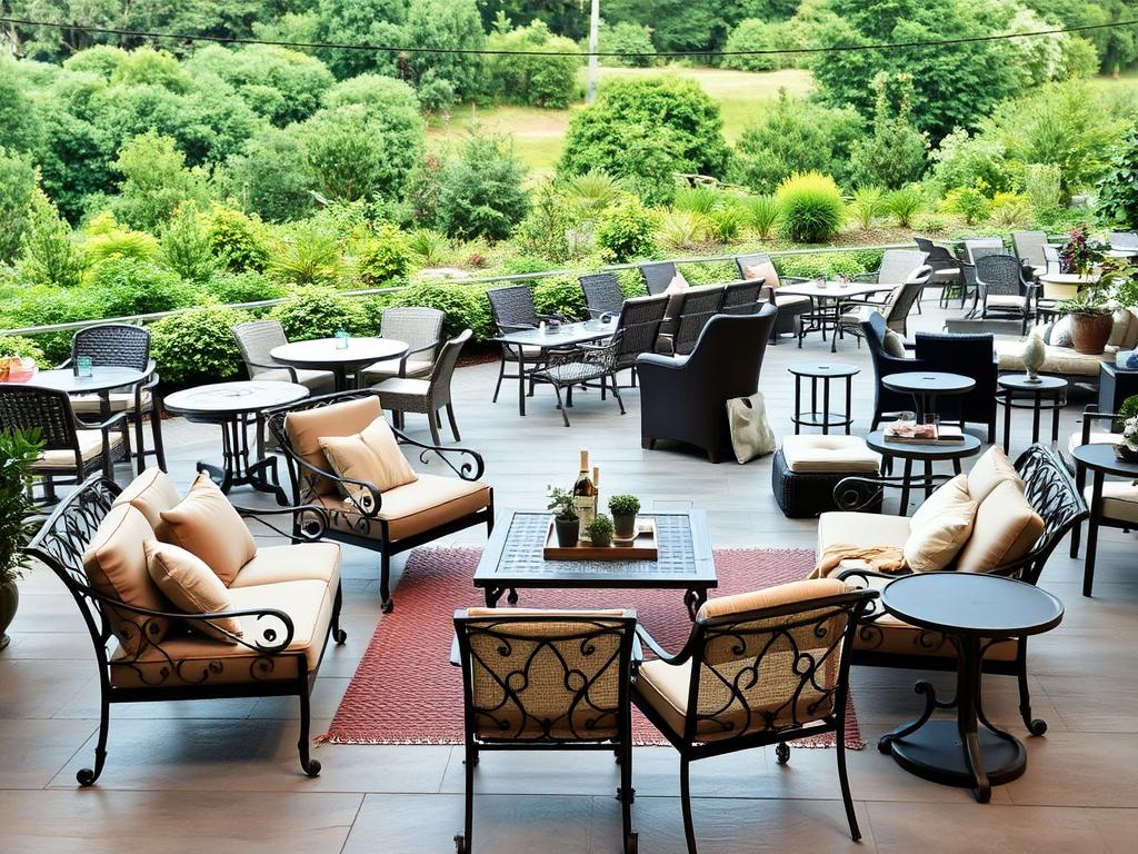 A stylish and modern outdoor living space showcasing a diverse array of garden furniture remnants and showroom pieces. In the foreground, an elegant wrought-iron patio set with plush cushions in muted tones invites relaxation. In the middle ground, various bistro tables, lounge chairs, and side tables in a mix of materials like wicker, aluminum, and wood are neatly arranged, each bearing unique designs and finishes. The background features a verdant landscape with lush greenery, hinting at the tranquil, natural setting. Soft, warm lighting creates a cozy, inviting atmosphere, highlighting the high-quality craftsmanship and appeal of these discounted garden furnishings. A stylish and modern outdoor living space showcasing a diverse array of garden furniture remnants and showroom pieces. In the foreground, an elegant wrought-iron patio set with plush cushions in muted tones invites relaxation. In the middle ground, various bistro tables, lounge chairs, and side tables in a mix of materials like wicker, aluminum, and wood are neatly arranged, each bearing unique designs and finishes. The background features a verdant landscape with lush greenery, hinting at the tranquil, natural setting. Soft, warm lighting creates a cozy, inviting atmosphere, highlighting the high-quality craftsmanship and appeal of these discounted garden furnishings.