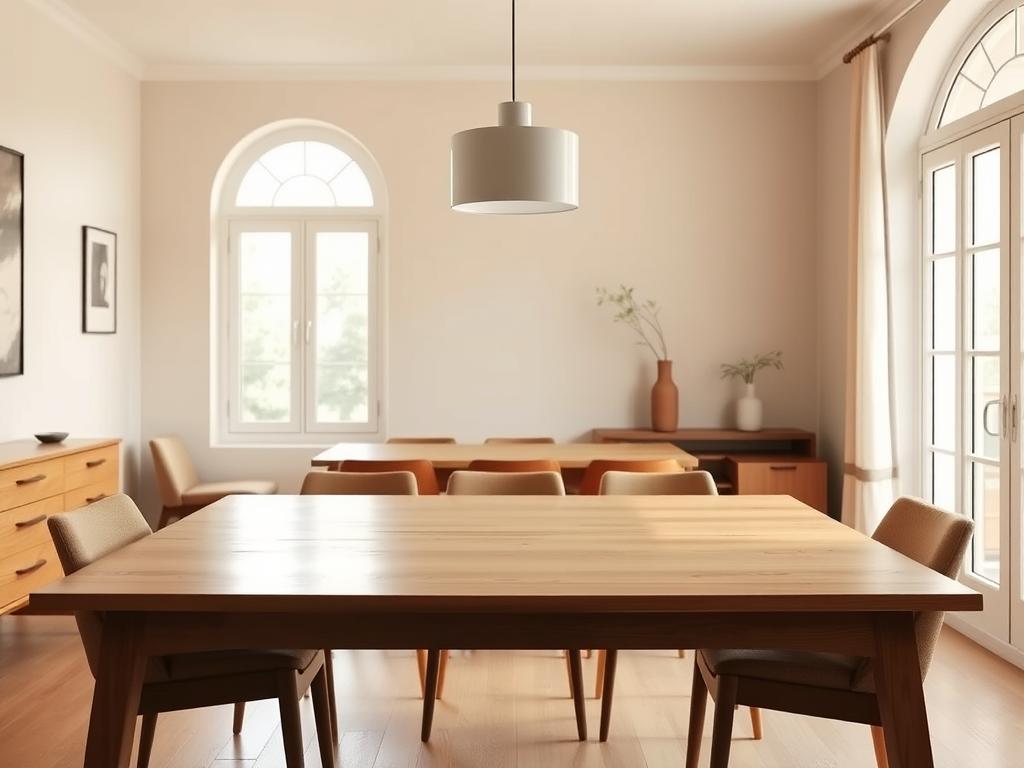 A sunlit Danish dining room filled with elegant, minimalist furniture. In the foreground, a sleek, solid wood dining table with clean lines and a smooth, natural finish. Surrounding it, six mid-century modern dining chairs with slender, tapered legs and plush, upholstered seats in a muted, earthy tone. In the background, a large, arched window floods the space with warm, diffused natural light, casting a soft glow on the room. A simple, pendant light fixture with a subtle, cylindrical design hovers above the table, illuminating the space. The walls are painted in a soft, neutral shade, allowing the natural wood tones and clean lines of the furniture to take center stage. The overall atmosphere exudes a sense of Scandinavian elegance, simplicity, and timeless style.