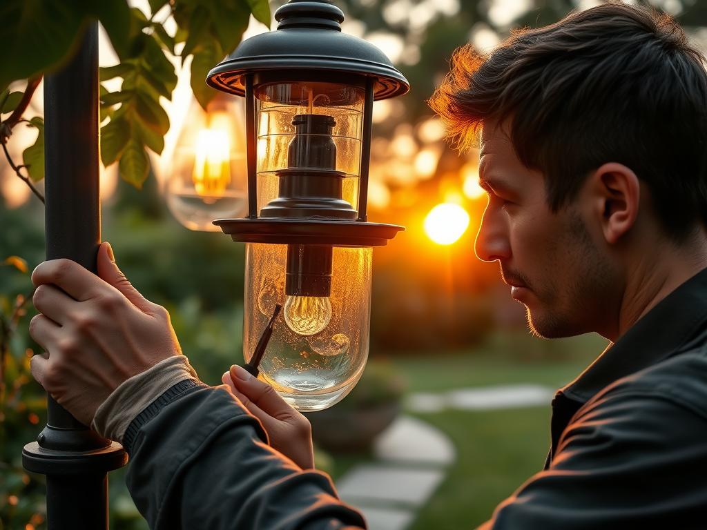 A technician carefully inspecting and maintaining an outdoor lamp, its intricate mechanics and glass components exposed in the warm glow of the sunset. The scene is set against a tranquil garden backdrop, with lush greenery and a peaceful ambiance. The technician's focused expression and the delicate tools they wield convey the importance of proper care and maintenance for ensuring the lamp's continued reliable performance and aesthetic appeal. The image emphasizes the attention to detail and expertise required to keep outdoor lighting fixtures in optimal condition. A technician carefully inspecting and maintaining an outdoor lamp, its intricate mechanics and glass components exposed in the warm glow of the sunset. The scene is set against a tranquil garden backdrop, with lush greenery and a peaceful ambiance. The technician's focused expression and the delicate tools they wield convey the importance of proper care and maintenance for ensuring the lamp's continued reliable performance and aesthetic appeal. The image emphasizes the attention to detail and expertise required to keep outdoor lighting fixtures in optimal condition.