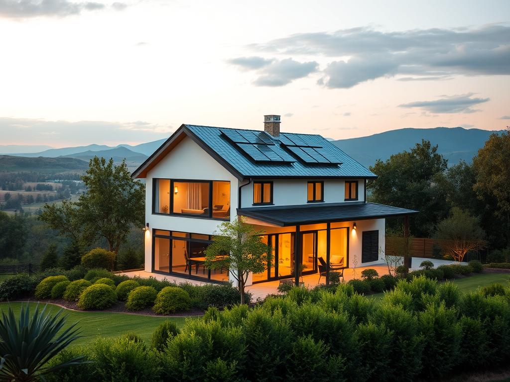 A three-story energy-efficient house set against a backdrop of rolling hills and a serene sky. The modern facade features large windows, solar panels, and a well-insulated exterior. A lush, verdant garden surrounds the building, with carefully arranged shrubs and trees creating a tranquil atmosphere. Warm, diffused lighting illuminates the home, highlighting its clean lines and sustainable design. The scene conveys a sense of harmony between the structure and its natural environment, reflecting the principles of energy-conscious living. The camera angle captures the house from a slightly elevated perspective, emphasizing its scale and integration within the landscape.