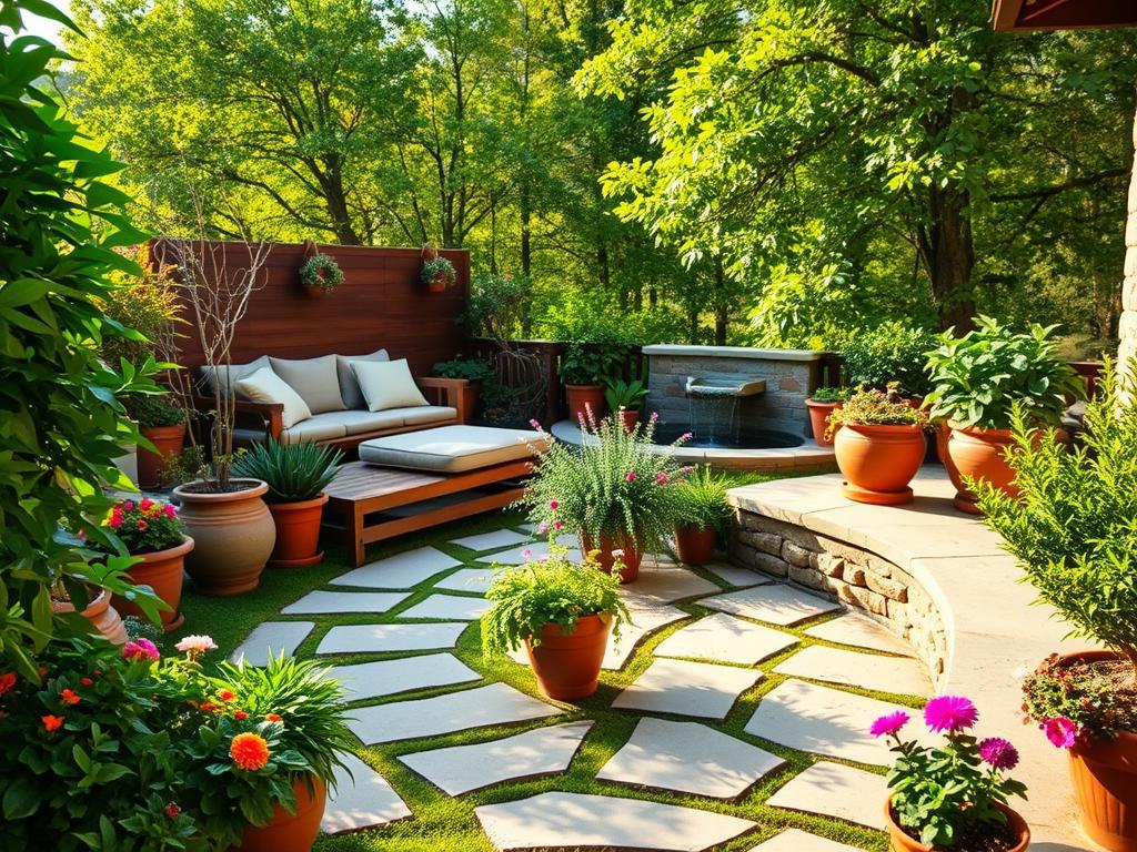 A tranquil terrace garden in warm afternoon sunlight, with a stone pathway winding through lush green foliage. In the foreground, a variety of potted plants and flowers adorn the edges, their vibrant colors complementing the earthy tones of the surrounding stone and wood accents. Midground features a cozy seating area with plush cushions, inviting one to relax and take in the serene ambiance. In the background, a gentle water feature adds a soothing melody, while verdant trees frame the scene, creating a sense of privacy and escape. The overall composition evokes a harmonious blend of nature and thoughtful design, a verdant oasis for the senses. A tranquil terrace garden in warm afternoon sunlight, with a stone pathway winding through lush green foliage. In the foreground, a variety of potted plants and flowers adorn the edges, their vibrant colors complementing the earthy tones of the surrounding stone and wood accents. Midground features a cozy seating area with plush cushions, inviting one to relax and take in the serene ambiance. In the background, a gentle water feature adds a soothing melody, while verdant trees frame the scene, creating a sense of privacy and escape. The overall composition evokes a harmonious blend of nature and thoughtful design, a verdant oasis for the senses.