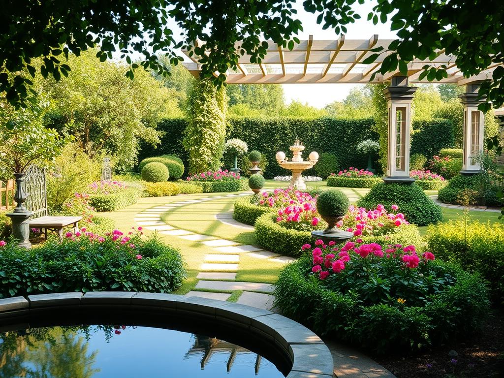 A verdant garden oasis, meticulously designed with lush foliage, meandering pathways, and tasteful architectural elements. In the foreground, a tranquil water feature reflects the natural light, creating a serene ambiance. The middle ground showcases expertly curated planting beds, bursting with vibrant blooms and carefully trimmed hedges. In the background, a stately pergola frames the scene, casting warm, diffused shadows across the landscape. The overall composition exudes a sense of harmony, balance, and a deep connection to the natural world, perfectly capturing the essence of "Planung und Gestaltung von Projekten" within the realm of "Garten und Landschaftsbau". A verdant garden oasis, meticulously designed with lush foliage, meandering pathways, and tasteful architectural elements. In the foreground, a tranquil water feature reflects the natural light, creating a serene ambiance. The middle ground showcases expertly curated planting beds, bursting with vibrant blooms and carefully trimmed hedges. In the background, a stately pergola frames the scene, casting warm, diffused shadows across the landscape. The overall composition exudes a sense of harmony, balance, and a deep connection to the natural world, perfectly capturing the essence of "Planung und Gestaltung von Projekten" within the realm of "Garten und Landschaftsbau".
