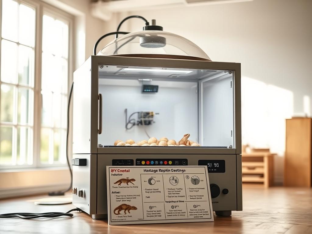 A well-crafted, homemade DIY reptile incubator standing prominently in a bright, airy studio space. The incubator is a sleek, modern design with a transparent acrylic dome revealing the carefully regulated environment within. Soft, diffused natural light streams in through large windows, creating a warm, inviting atmosphere. The incubator's controls and monitoring systems are neatly organized, showcasing the thoughtful engineering behind its construction. In the foreground, an informative placard or instructional diagram provides clear guidance on optimal temperature, humidity, and airflow settings for successful reptile hatching. The overall scene conveys a sense of expertise, precision, and a passion for reptile breeding and care. A well-crafted, homemade DIY reptile incubator standing prominently in a bright, airy studio space. The incubator is a sleek, modern design with a transparent acrylic dome revealing the carefully regulated environment within. Soft, diffused natural light streams in through large windows, creating a warm, inviting atmosphere. The incubator's controls and monitoring systems are neatly organized, showcasing the thoughtful engineering behind its construction. In the foreground, an informative placard or instructional diagram provides clear guidance on optimal temperature, humidity, and airflow settings for successful reptile hatching. The overall scene conveys a sense of expertise, precision, and a passion for reptile breeding and care.