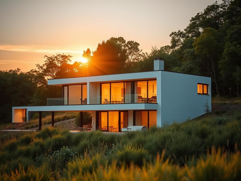 A well-crafted modern house nestled in a lush, verdant landscape. The sleek, minimalist exterior features clean lines, large windows, and a seamless integration with the surrounding nature. Soft, warm lighting emanates from within, creating a cozy, inviting atmosphere. The scene is bathed in the golden glow of the setting sun, casting long shadows and highlighting the intricate details of the home's architecture. The spacious layout and thoughtful design elements suggest the ease and convenience of a self-built dwelling, perfectly suited to the tranquil, serene setting. A well-crafted modern house nestled in a lush, verdant landscape. The sleek, minimalist exterior features clean lines, large windows, and a seamless integration with the surrounding nature. Soft, warm lighting emanates from within, creating a cozy, inviting atmosphere. The scene is bathed in the golden glow of the setting sun, casting long shadows and highlighting the intricate details of the home's architecture. The spacious layout and thoughtful design elements suggest the ease and convenience of a self-built dwelling, perfectly suited to the tranquil, serene setting.