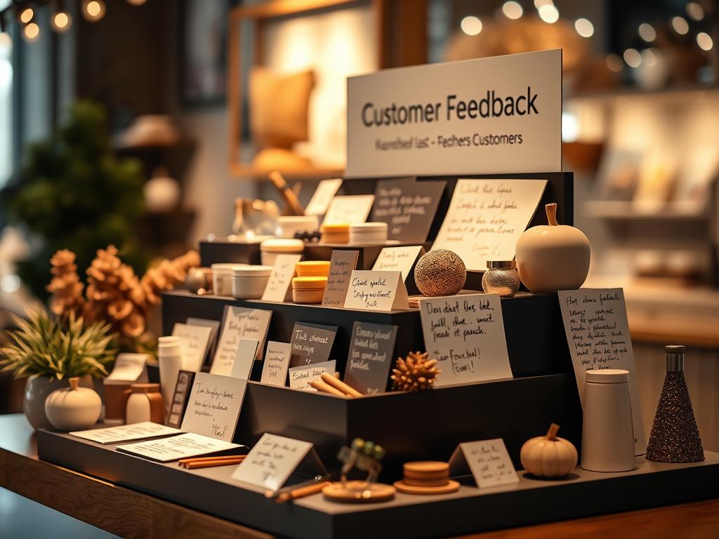 A well-designed and visually appealing customer feedback display showcasing a variety of decorative items. The scene features a modern, minimalist display stand with various product samples neatly arranged, accompanied by handwritten notes and cards from satisfied customers. Warm, diffused lighting illuminates the display, creating a cozy and inviting atmosphere. The background blurs softly, placing the customer feedback as the focal point. The overall composition conveys a sense of professionalism, attention to detail, and a genuine appreciation for customer input, aligning with the article's theme of "Kundenfeedback als Erfolgsfaktor".