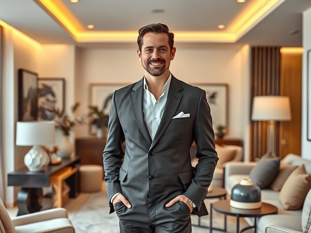 A well-dressed, confident designer standing in a chic, modern interior, surrounded by tasteful decorative items they have curated. Warm, directional lighting highlights the designer's face and the intricate details of the decor. The room features clean lines, neutral tones, and minimalist furniture, creating a sense of elegance and sophistication. The designer's posture and expression convey a sense of pride and expertise in their craft. The overall atmosphere evokes the successful and stylish world of high-end interior design and home decor. A well-dressed, confident designer standing in a chic, modern interior, surrounded by tasteful decorative items they have curated. Warm, directional lighting highlights the designer's face and the intricate details of the decor. The room features clean lines, neutral tones, and minimalist furniture, creating a sense of elegance and sophistication. The designer's posture and expression convey a sense of pride and expertise in their craft. The overall atmosphere evokes the successful and stylish world of high-end interior design and home decor.