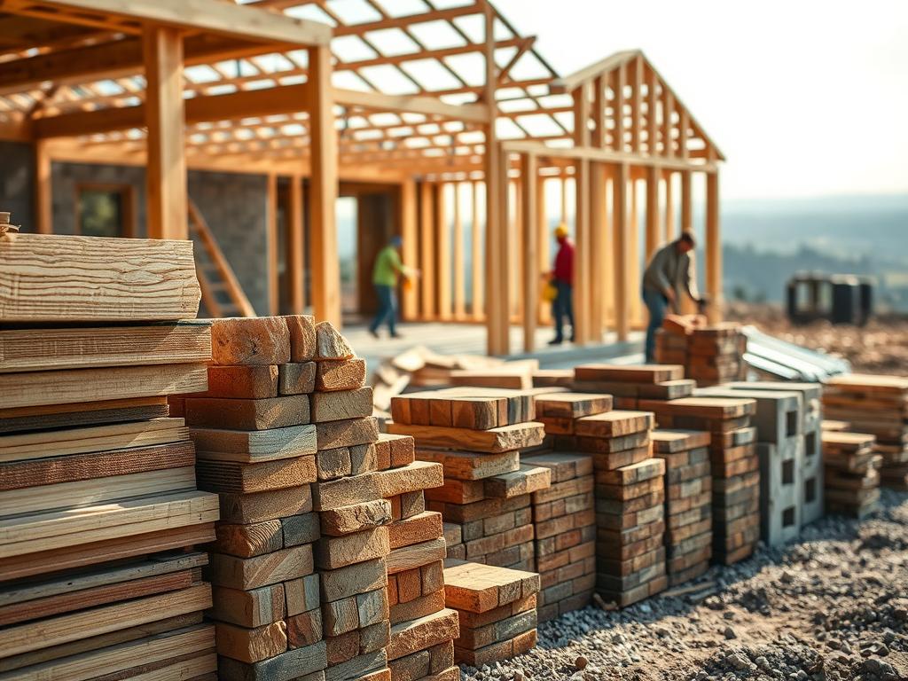 A well-lit and meticulously detailed construction site, showcasing an array of diverse building materials. In the foreground, an assortment of wood planks, bricks, and concrete blocks are neatly stacked, their textures and colors creating a harmonious visual symphony. The middle ground features a partially constructed house frame, with workers diligently assembling the structure using specialized tools. In the background, a soft-focus landscape provides a serene backdrop, hinting at the peaceful setting where this new home will eventually reside. The scene is bathed in warm, natural lighting, casting subtle shadows and highlighting the materiality of each element. The overall composition conveys a sense of progress, craftsmanship, and the essential building blocks that come together to create a successful home project.