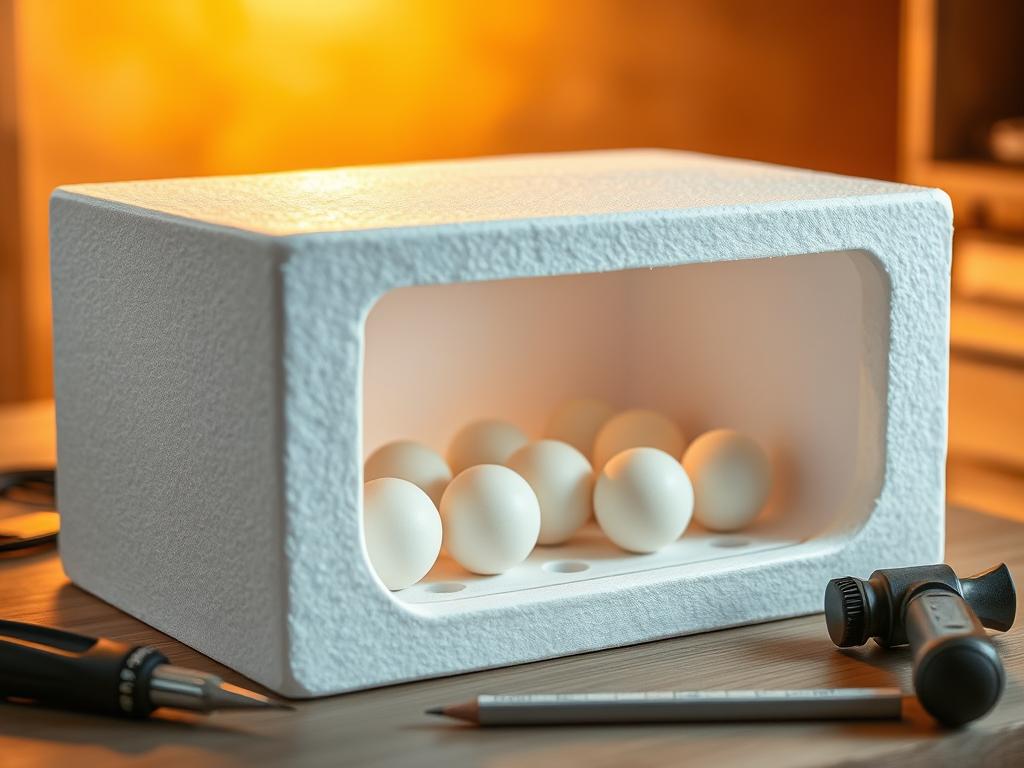 A well-lit, close-up view of a homemade polystyrene foam incubator. The incubator's interior is visible, showcasing the precisely cut and assembled foam pieces. The exterior has a sleek, minimalist design with smooth, clean edges. Soft, diffused lighting illuminates the scene, creating a warm, inviting atmosphere. The incubator is positioned on a wooden surface, with a few simple tools like a utility knife, ruler, and pencil nearby, suggesting the do-it-yourself nature of the project. The overall scene conveys a sense of practicality, functionality, and attention to detail, fitting the "Materialien und Werkzeuge für den Bau" theme. A well-lit, close-up view of a homemade polystyrene foam incubator. The incubator's interior is visible, showcasing the precisely cut and assembled foam pieces. The exterior has a sleek, minimalist design with smooth, clean edges. Soft, diffused lighting illuminates the scene, creating a warm, inviting atmosphere. The incubator is positioned on a wooden surface, with a few simple tools like a utility knife, ruler, and pencil nearby, suggesting the do-it-yourself nature of the project. The overall scene conveys a sense of practicality, functionality, and attention to detail, fitting the "Materialien und Werkzeuge für den Bau" theme.