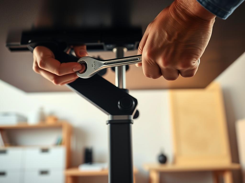 A well-lit, close-up view of a person's hands carefully maintaining a height-adjustable desk. The foreground shows the hands using a wrench to tighten bolts, while the middle ground reveals the desk's adjustment mechanism in detail. The background is blurred, but suggests a clean, organized workspace. The lighting is natural and warm, casting a soft glow on the scene. The composition emphasizes the importance of proper maintenance to ensure the desk's longevity and optimal performance. The overall mood is one of diligence, attention to detail, and a commitment to preserving the functionality of the custom-built desk. A well-lit, close-up view of a person's hands carefully maintaining a height-adjustable desk. The foreground shows the hands using a wrench to tighten bolts, while the middle ground reveals the desk's adjustment mechanism in detail. The background is blurred, but suggests a clean, organized workspace. The lighting is natural and warm, casting a soft glow on the scene. The composition emphasizes the importance of proper maintenance to ensure the desk's longevity and optimal performance. The overall mood is one of diligence, attention to detail, and a commitment to preserving the functionality of the custom-built desk.