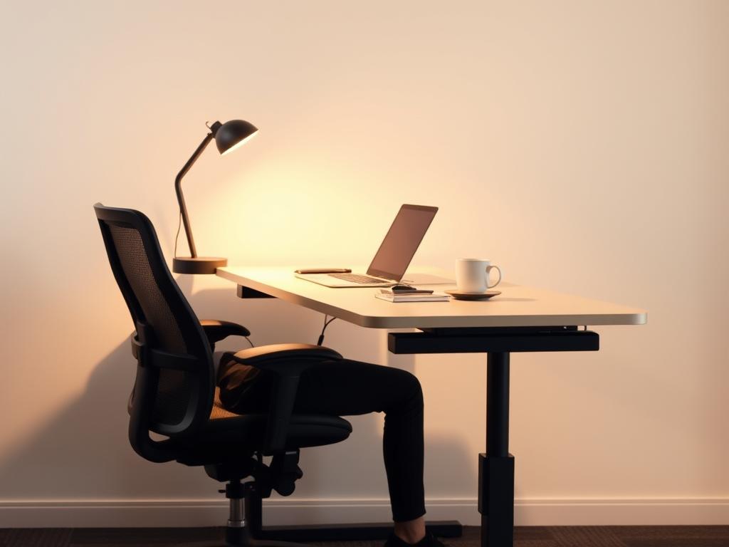 A well-lit, ergonomic workstation with a height-adjustable desk in a modern, minimalist office setting. The desk is positioned at the optimal height for the user, who is sitting comfortably in an ergonomic chair, with their arms and shoulders relaxed. The desk surface is clean and uncluttered, with a laptop, a cup of coffee, and a few carefully placed office supplies. The lighting is soft and diffused, creating a warm and inviting atmosphere. The background features a simple, neutral-toned wall, allowing the focus to remain on the desk and the user's posture. The overall composition conveys a sense of productivity, comfort, and attention to detail in creating an ideal workspace.