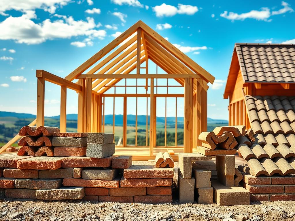 A well-lit, high-resolution scene showcasing a variety of popular building materials. In the foreground, an assortment of construction materials such as bricks, concrete blocks, timber beams, and roofing tiles are neatly arranged. The middle ground features a partially built wooden frame structure, highlighting the construction process. In the background, a serene landscape with rolling hills and a bright blue sky provides a tranquil setting. The image conveys a sense of craftsmanship, sustainability, and the joy of hands-on home building. Soft, warm lighting illuminates the scene, creating a inviting and aspirational atmosphere. A well-lit, high-resolution scene showcasing a variety of popular building materials. In the foreground, an assortment of construction materials such as bricks, concrete blocks, timber beams, and roofing tiles are neatly arranged. The middle ground features a partially built wooden frame structure, highlighting the construction process. In the background, a serene landscape with rolling hills and a bright blue sky provides a tranquil setting. The image conveys a sense of craftsmanship, sustainability, and the joy of hands-on home building. Soft, warm lighting illuminates the scene, creating a inviting and aspirational atmosphere.