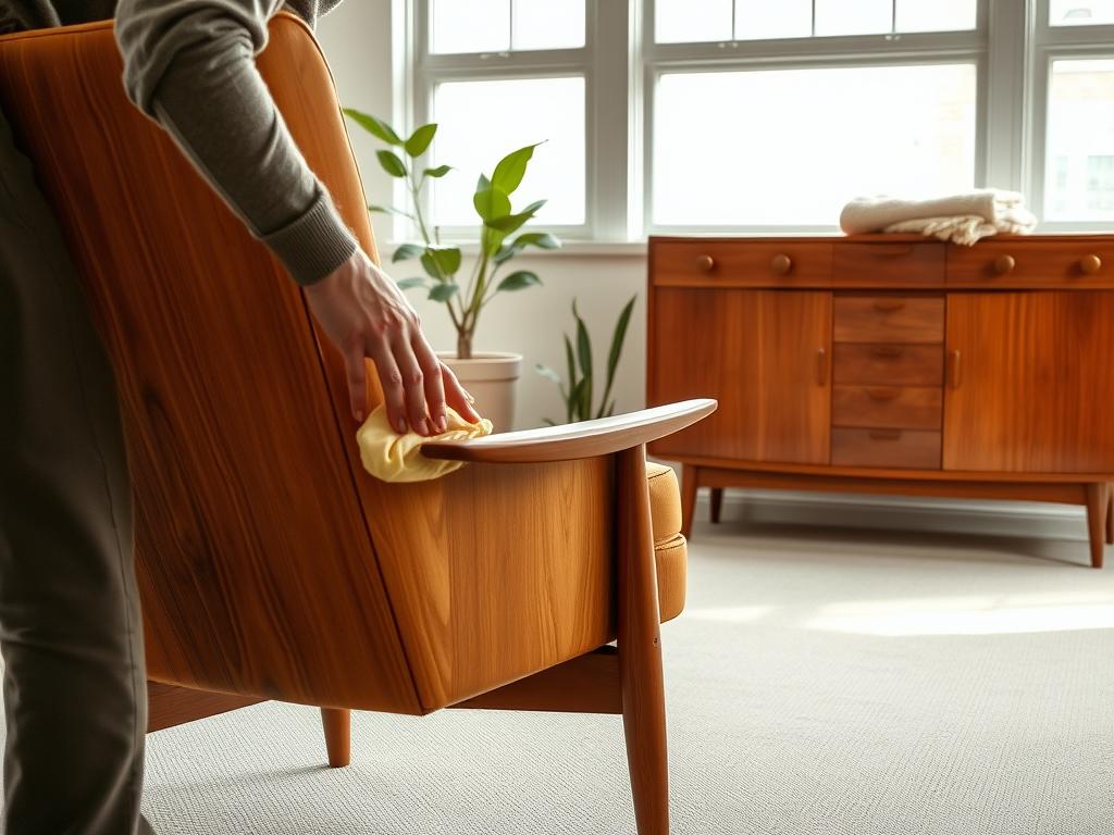 A well-lit, meticulously crafted scene showcasing the proper care and maintenance of elegant Danish furniture. In the foreground, a skilled artisan gently polishes the smooth, warm-toned wood of a mid-century modern armchair, emphasizing the natural grain. In the middle ground, a Danish modern sideboard with clean lines and brass hardware stands pristine, accompanied by a potted plant and a neatly folded wool throw. The background depicts a cozy, Scandinavian-inspired living space with large windows allowing soft, diffused natural light to illuminate the scene. The overall atmosphere exudes a sense of understated refinement and attention to detail, perfectly capturing the essence of caring for cherished Danish design pieces.