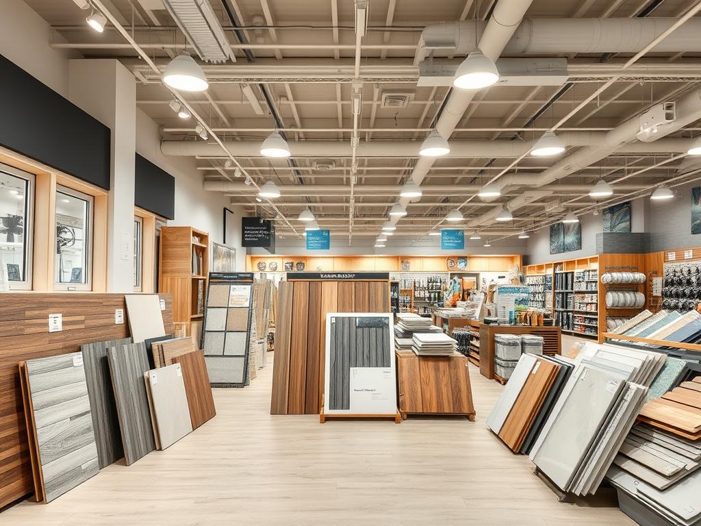A well-lit, modern home improvement showroom displaying an assortment of high-quality building materials for a renovation project. In the foreground, an arrangement of sleek, minimalist tiles, natural wood samples, and energy-efficient windows. In the middle ground, a display of innovative insulation solutions and sustainable roofing options. The background features a panoramic view of the showroom, showcasing a range of lighting fixtures, plumbing fittings, and other essential home improvement items. The overall atmosphere conveys a sense of sophistication, attention to detail, and a commitment to sustainable, future-oriented design.