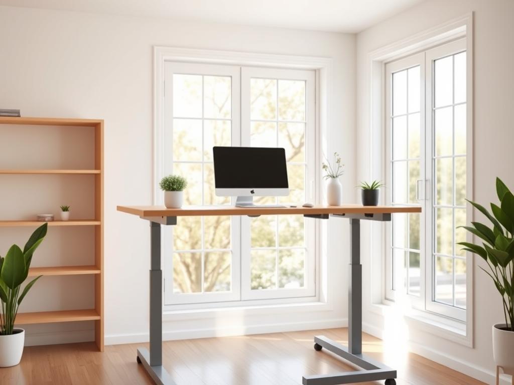 A well-lit, modern home office setting with a sleek, height-adjustable desk as the focal point. The desk is constructed from light-colored wood or a minimalist metal frame, allowing for smooth, effortless adjustments to the optimal working height. The desktop surface has a clean, uncluttered appearance, with a computer monitor, keyboard, and a potted plant adding subtle accents. The room is bathed in natural light from large windows, creating a bright, airy atmosphere that enhances productivity and well-being. The overall composition conveys a sense of ergonomic functionality and personal customization, reflecting the benefits of a tailored, height-adjustable workstation.