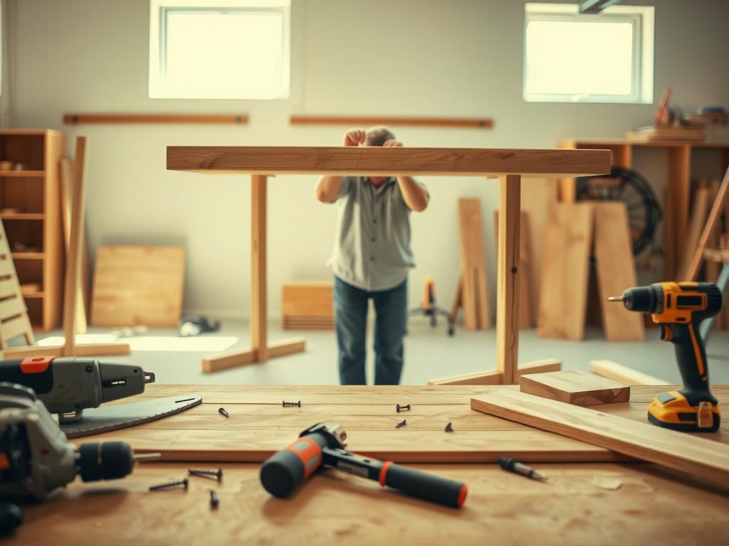 A well-lit, step-by-step construction scene of a height-adjustable desk being built. In the foreground, various woodworking tools and materials are neatly arranged, including a saw, drill, screws, and wooden boards. The middle ground features a person's hands carefully assembling the desk frame, focusing on the intricate details of the process. The background showcases an airy, minimalist workshop setting with natural lighting streaming in, creating a warm, inviting atmosphere. The overall scene conveys a sense of DIY craftsmanship and the satisfaction of building one's own height-adjustable desk. A well-lit, step-by-step construction scene of a height-adjustable desk being built. In the foreground, various woodworking tools and materials are neatly arranged, including a saw, drill, screws, and wooden boards. The middle ground features a person's hands carefully assembling the desk frame, focusing on the intricate details of the process. The background showcases an airy, minimalist workshop setting with natural lighting streaming in, creating a warm, inviting atmosphere. The overall scene conveys a sense of DIY craftsmanship and the satisfaction of building one's own height-adjustable desk.
