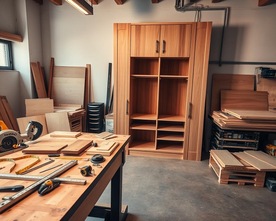 A well-organized workshop scene showcasing the process of building a custom fitted wardrobe (Einbauschrank). In the foreground, a wooden workbench is filled with essential tools like a circular saw, measuring tape, level, and a square, along with various pieces of wood cut for the wardrobe. In the middle, a partially assembled wardrobe stands, featuring elegant wooden paneling and a modern design with open shelves. The background reveals a spacious workshop filled with organized materials like plywood and hardware. Soft, warm lighting casts gentle shadows, creating a cozy and productive atmosphere, while the camera angle captures a slightly elevated view, emphasizing the craftsmanship and focus necessary for woodworking.
