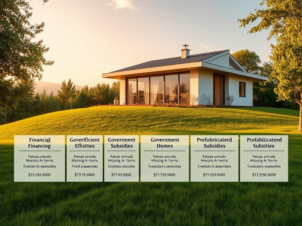 A wide, panoramic view of a modern, energy-efficient prefabricated house nestled in a serene, lush green landscape. The house is illuminated by warm, golden sunlight, casting soft shadows and highlighting its clean, minimalist architectural lines. In the foreground, a display showcases various financing options and government subsidies available for purchasing a prefabricated home, presented in a clear, organized manner. The overall scene conveys a sense of attainable luxury, financial accessibility, and the harmony between sustainable living and modern design. A wide, panoramic view of a modern, energy-efficient prefabricated house nestled in a serene, lush green landscape. The house is illuminated by warm, golden sunlight, casting soft shadows and highlighting its clean, minimalist architectural lines. In the foreground, a display showcases various financing options and government subsidies available for purchasing a prefabricated home, presented in a clear, organized manner. The overall scene conveys a sense of attainable luxury, financial accessibility, and the harmony between sustainable living and modern design.