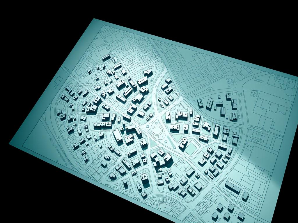 An aerial view of a detailed urban development plan, showcasing the intricate layout of buildings, streets, and public spaces. The plan is displayed on a large, high-resolution screen, with a clean, minimalistic user interface that allows for easy navigation and information retrieval. The background is dimly lit, focusing the viewer's attention on the blueprint-like schematic, which is illuminated by soft, directional lighting that casts subtle shadows, emphasizing the depth and complexity of the design. The overall mood is one of thoughtful contemplation, inviting the viewer to engage with the details of the urban planning process.