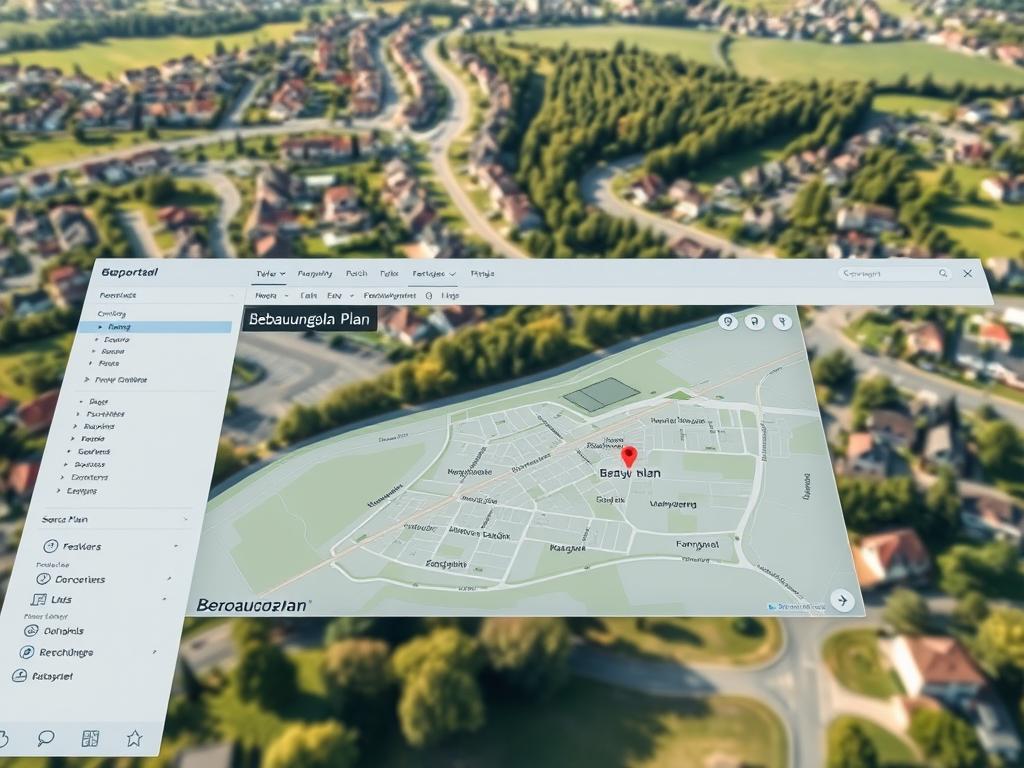 An aerial view of a modern geoportal interface, displaying a detailed zoning plan or "Bebauungsplan" for a residential area. The foreground features a crisp, clean user interface with navigational tools, search functions, and interactive map layers. The middle ground shows the zoning plan itself, with clearly delineated residential, commercial, and green spaces. The background depicts a picturesque suburban landscape, with houses, trees, and winding streets. The lighting is soft and natural, creating a sense of clarity and accessibility. The overall mood conveys the user-friendly nature of the online geoportal, making it easy for citizens to understand and engage with their local development plans. An aerial view of a modern geoportal interface, displaying a detailed zoning plan or "Bebauungsplan" for a residential area. The foreground features a crisp, clean user interface with navigational tools, search functions, and interactive map layers. The middle ground shows the zoning plan itself, with clearly delineated residential, commercial, and green spaces. The background depicts a picturesque suburban landscape, with houses, trees, and winding streets. The lighting is soft and natural, creating a sense of clarity and accessibility. The overall mood conveys the user-friendly nature of the online geoportal, making it easy for citizens to understand and engage with their local development plans.