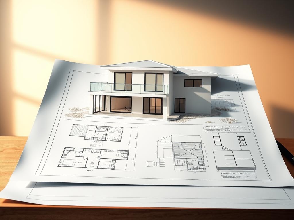 An architectural blueprint of a modern, two-story house with a sleek, minimalist design. The blueprint is presented on a drafting table, illuminated by a warm, directional light that casts subtle shadows, giving depth and dimensionality to the scene. The blueprint features detailed plans, including floor layouts, elevations, and structural details, conveying a sense of precision and planning. The background is a neutral, soft-focus setting, allowing the blueprint to take center stage and emphasize the importance of a well-thought-out house plan. The overall mood is one of professionalism, attention to detail, and the significance of careful planning in the home-building process.