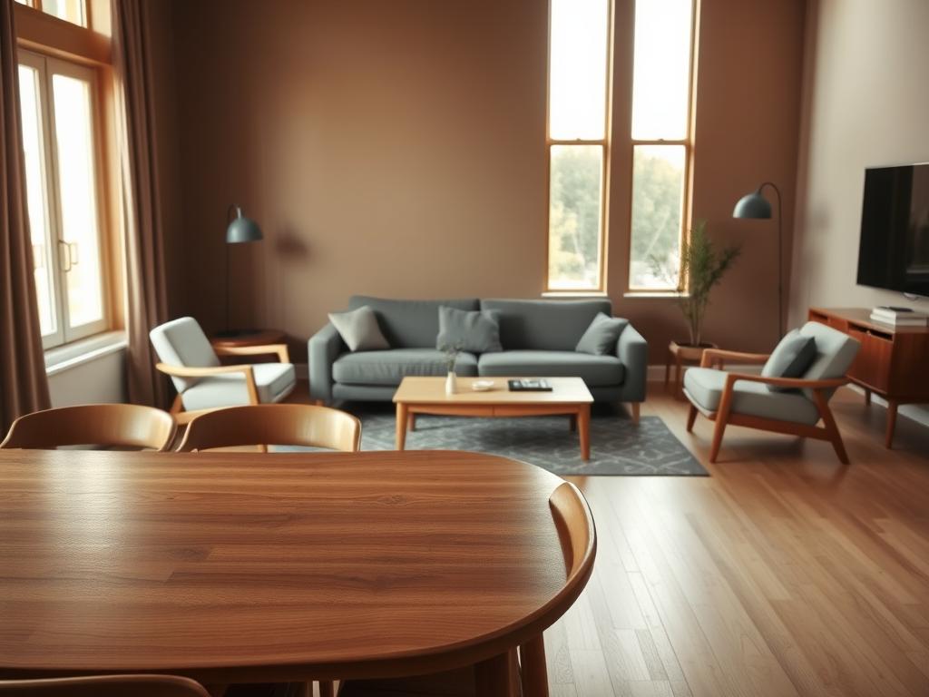An elegant Danish living room with mid-century modern furniture. In the foreground, a sleek teak wood dining table surrounded by four minimalist chairs with curved armrests. A large, plush grey sofa occupies the middle ground, complemented by a low, rectangular coffee table made of light-colored wood. The background features tall, narrow windows that let in warm, natural lighting, casting a soft glow over the room. The walls are painted in a muted, earthy tone, creating a calm, sophisticated atmosphere. Subtle Scandinavian design elements, such as pendant lamps and a geometric area rug, complete the harmonious, timeless aesthetic. An elegant Danish living room with mid-century modern furniture. In the foreground, a sleek teak wood dining table surrounded by four minimalist chairs with curved armrests. A large, plush grey sofa occupies the middle ground, complemented by a low, rectangular coffee table made of light-colored wood. The background features tall, narrow windows that let in warm, natural lighting, casting a soft glow over the room. The walls are painted in a muted, earthy tone, creating a calm, sophisticated atmosphere. Subtle Scandinavian design elements, such as pendant lamps and a geometric area rug, complete the harmonious, timeless aesthetic.