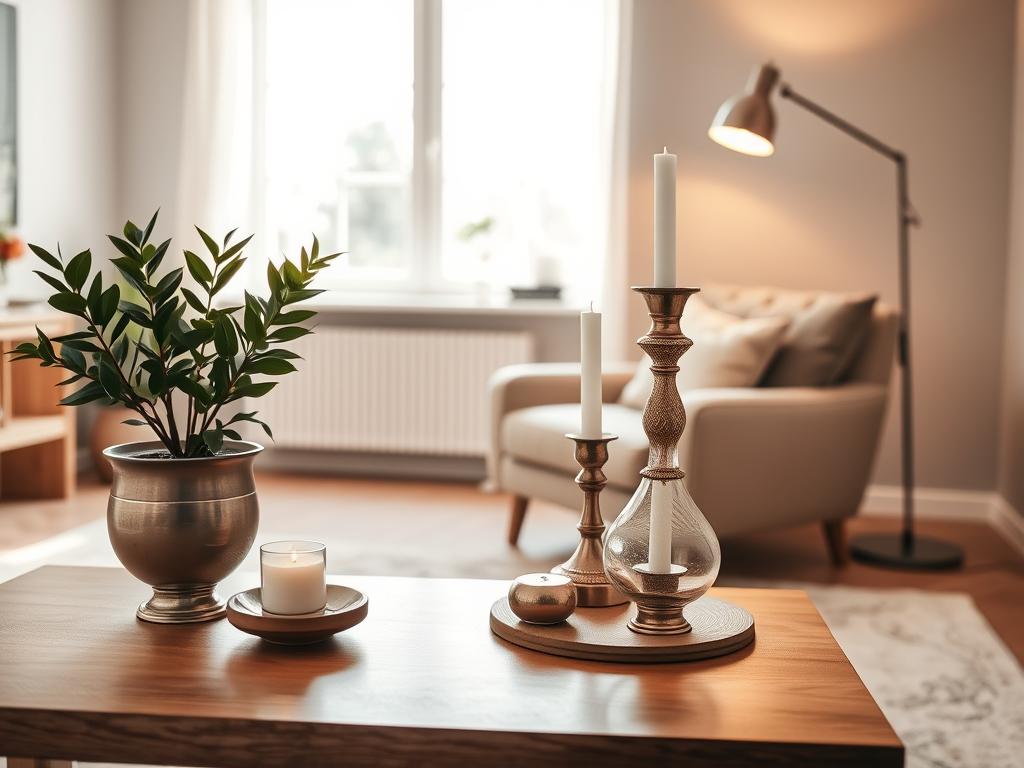 An elegant, well-curated home decor display showcased against a backdrop of a cozy, sun-filled living room. In the foreground, an artful arrangement of decorative items, including a potted plant, candles, and an ornate vase, is thoughtfully placed on a sleek, wooden side table. The middle ground features a comfortable, plush armchair and a minimalist floor lamp, casting a warm, inviting glow. The background is filled with a neutral-toned wall, accented with a large window that allows natural light to flood the space, creating a serene and inviting atmosphere. The overall composition exudes a sense of refined sophistication and attention to detail, perfectly capturing the essence of "Deko auf Rechnung." An elegant, well-curated home decor display showcased against a backdrop of a cozy, sun-filled living room. In the foreground, an artful arrangement of decorative items, including a potted plant, candles, and an ornate vase, is thoughtfully placed on a sleek, wooden side table. The middle ground features a comfortable, plush armchair and a minimalist floor lamp, casting a warm, inviting glow. The background is filled with a neutral-toned wall, accented with a large window that allows natural light to flood the space, creating a serene and inviting atmosphere. The overall composition exudes a sense of refined sophistication and attention to detail, perfectly capturing the essence of "Deko auf Rechnung."