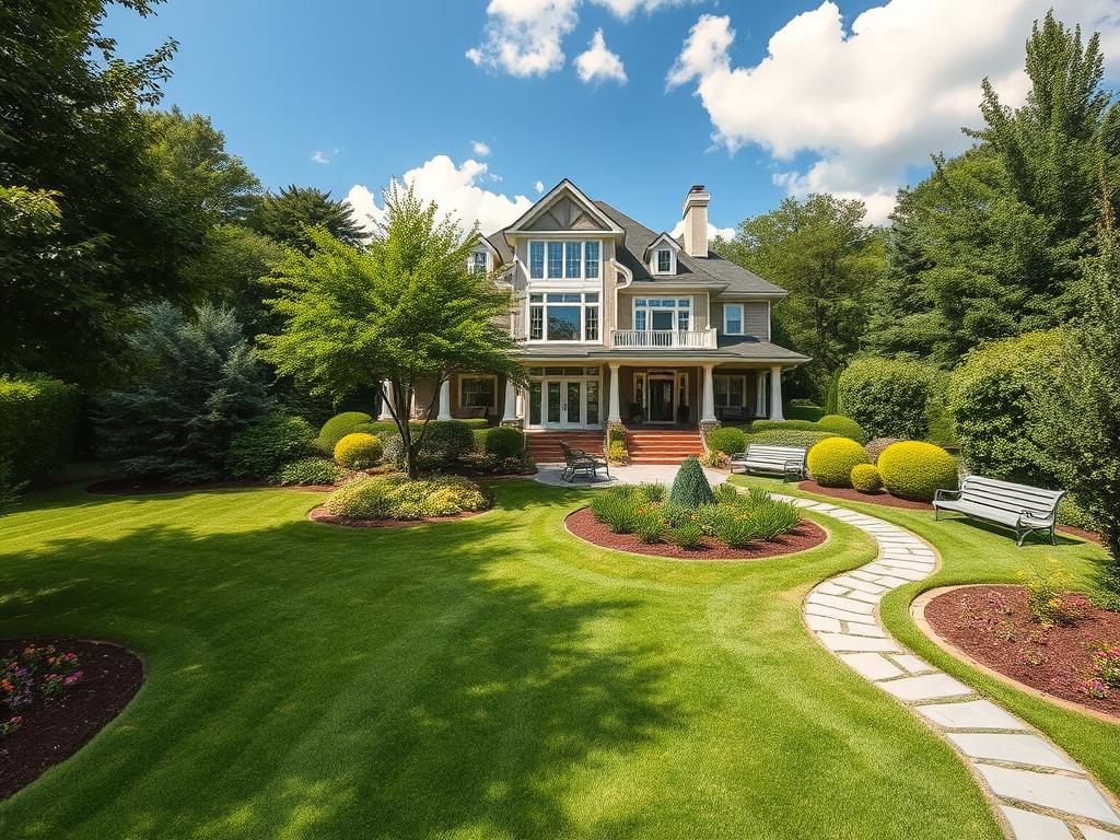 An expansive three-story house nestled within a lush, meticulously manicured garden. The façade features a harmonious blend of traditional and modern architectural elements, with large windows allowing ample natural light to flood the interior. In the foreground, a neatly trimmed lawn is dotted with vibrant flower beds and a meandering stone path leading to a charming patio area. Mature trees and shrubs line the perimeter, providing a sense of privacy and tranquility. The middle ground showcases a well-designed landscape, with strategically placed benches and a serene water feature. The background depicts a clear sky with fluffy clouds, creating a calming and inviting atmosphere. Captured with a wide-angle lens, this image conveys the harmonious integration of the home and its outdoor living spaces, perfectly encapsulating the essence of efficient and comfortable living in a three-story house. An expansive three-story house nestled within a lush, meticulously manicured garden. The façade features a harmonious blend of traditional and modern architectural elements, with large windows allowing ample natural light to flood the interior. In the foreground, a neatly trimmed lawn is dotted with vibrant flower beds and a meandering stone path leading to a charming patio area. Mature trees and shrubs line the perimeter, providing a sense of privacy and tranquility. The middle ground showcases a well-designed landscape, with strategically placed benches and a serene water feature. The background depicts a clear sky with fluffy clouds, creating a calming and inviting atmosphere. Captured with a wide-angle lens, this image conveys the harmonious integration of the home and its outdoor living spaces, perfectly encapsulating the essence of efficient and comfortable living in a three-story house.
