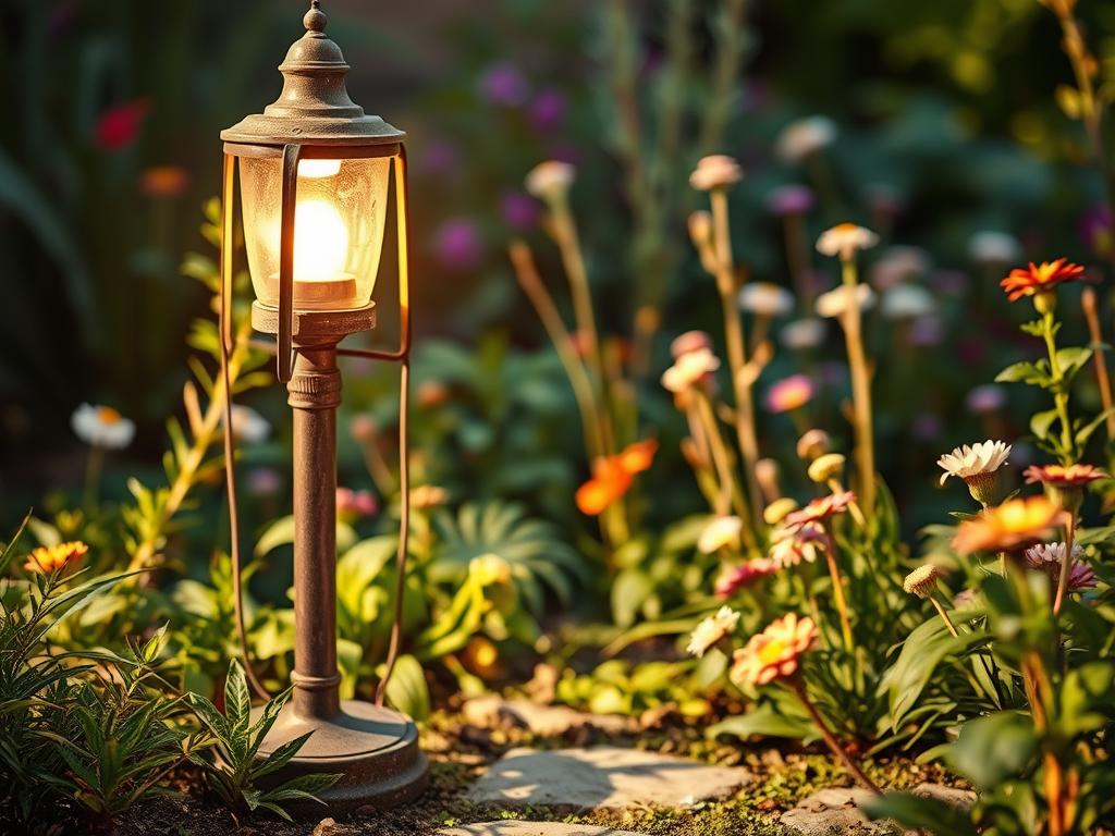 An outdoor lamp standing in a lush garden, its warm glow casting a cozy ambiance across the scene. The lamp, with a rustic metal frame and a translucent glass shade, is positioned in the foreground, drawing the eye. Surrounding it, a variety of flourishing plants and flowers create a vibrant, naturalistic backdrop, hinting at the tranquil outdoor setting. Soft shadows dance across the ground, accentuating the three-dimensional depth. The lighting is balanced, with the lamp's illumination blending seamlessly with the natural daylight. The overall composition evokes a sense of inviting, peaceful relaxation, perfectly suited for the "Outdoor Lampe" section of the article. An outdoor lamp standing in a lush garden, its warm glow casting a cozy ambiance across the scene. The lamp, with a rustic metal frame and a translucent glass shade, is positioned in the foreground, drawing the eye. Surrounding it, a variety of flourishing plants and flowers create a vibrant, naturalistic backdrop, hinting at the tranquil outdoor setting. Soft shadows dance across the ground, accentuating the three-dimensional depth. The lighting is balanced, with the lamp's illumination blending seamlessly with the natural daylight. The overall composition evokes a sense of inviting, peaceful relaxation, perfectly suited for the "Outdoor Lampe" section of the article.