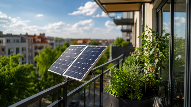 Balkonkraftwerk 2026 – Mini-Solaranlage für Balkon kaufen & anmelden 4 Balkonkraftwerk mit zwei Solarmodulen am Balkongeländer einer modernen Wohnung bei Sonnenschein