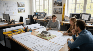 A meticulous and neatly organized Bauantrag Checkliste, presented against a clean, minimalist background. The checklist items are clearly delineated, with precise typography and a balanced layout that emphasizes the structured nature of the content. Soft, indirect lighting casts subtle shadows, creating depth and a sense of professionalism. The overall mood is one of efficiency and attention to detail, perfectly suited to illustrate the "Erforderliche Genehmigungen und Vorschriften" section of the article "Ihr Leitfaden: Checkliste für den Hausbau." Der Bauantrag ist zentral für dein Projekt