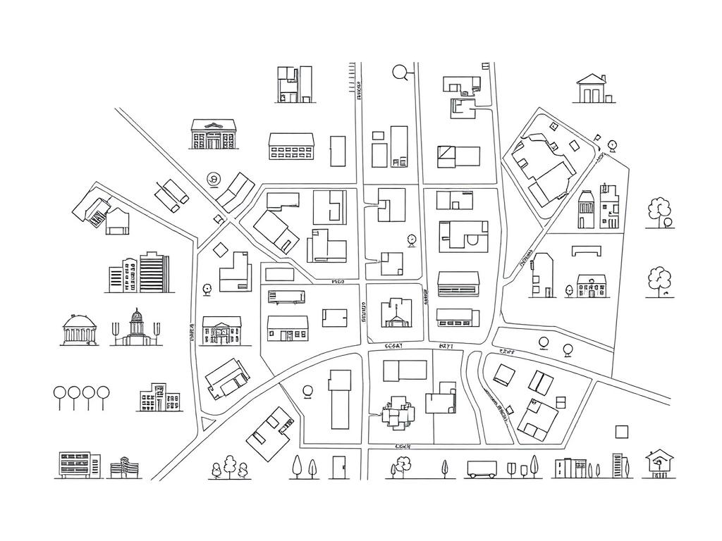 Detailed architectural plan symbols against a clean white background. Carefully rendered icons depicting buildings, roads, vegetation, and other urban elements in a minimalist, technical style. Precise linework and geometric forms convey the structured logic of a city plan. Soft shadows and subtle highlights add depth and dimensionality. The overall composition is balanced and visually organized, reflecting the orderly nature of a zoning or development blueprint. A sense of precision and professionalism permeates the scene, establishing an authoritative, informative mood suitable for a planning document or legal reference.