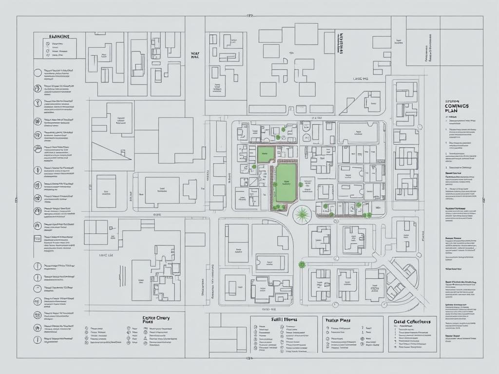 Detailed blueprint legend in the style of an architectural plan, presented in a clean, minimalist aesthetic. Precise technical diagrams depicting various building and landscape elements with clear, concise symbols and labels. Muted color palette of grays, blues, and greens, evocative of technical schematics. The composition emphasizes the structure and organization of the legend, with ample negative space to ensure legibility and ease of reference. Subtle textures and gradients add depth and realism without distracting from the core informational content. The overall mood is one of clarity, professionalism, and functionality, perfectly suited to illustrate the step-by-step guide for reading and understanding a zoning plan. Detailed blueprint legend in the style of an architectural plan, presented in a clean, minimalist aesthetic. Precise technical diagrams depicting various building and landscape elements with clear, concise symbols and labels. Muted color palette of grays, blues, and greens, evocative of technical schematics. The composition emphasizes the structure and organization of the legend, with ample negative space to ensure legibility and ease of reference. Subtle textures and gradients add depth and realism without distracting from the core informational content. The overall mood is one of clarity, professionalism, and functionality, perfectly suited to illustrate the step-by-step guide for reading and understanding a zoning plan.