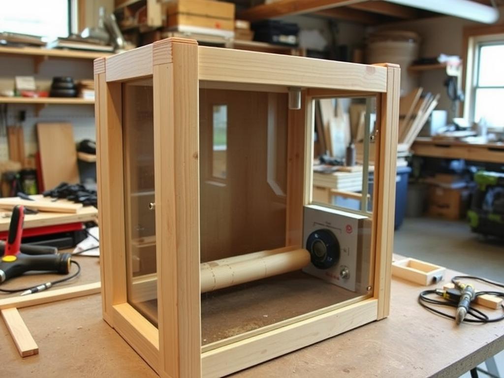Detailed step-by-step construction of a DIY incubator for hatching eggs. A sturdy wooden frame in the foreground, housing a glass-fronted enclosure with temperature and humidity controls. In the middle ground, various tools and materials like power tools, wood scraps, and wiring. The background shows a well-lit workshop setting with shelves, workbenches, and natural lighting filtering in through windows. The overall scene conveys a sense of focused DIY project work, with a practical, functional aesthetic that suits the instructional nature of the article. Detailed step-by-step construction of a DIY incubator for hatching eggs. A sturdy wooden frame in the foreground, housing a glass-fronted enclosure with temperature and humidity controls. In the middle ground, various tools and materials like power tools, wood scraps, and wiring. The background shows a well-lit workshop setting with shelves, workbenches, and natural lighting filtering in through windows. The overall scene conveys a sense of focused DIY project work, with a practical, functional aesthetic that suits the instructional nature of the article.