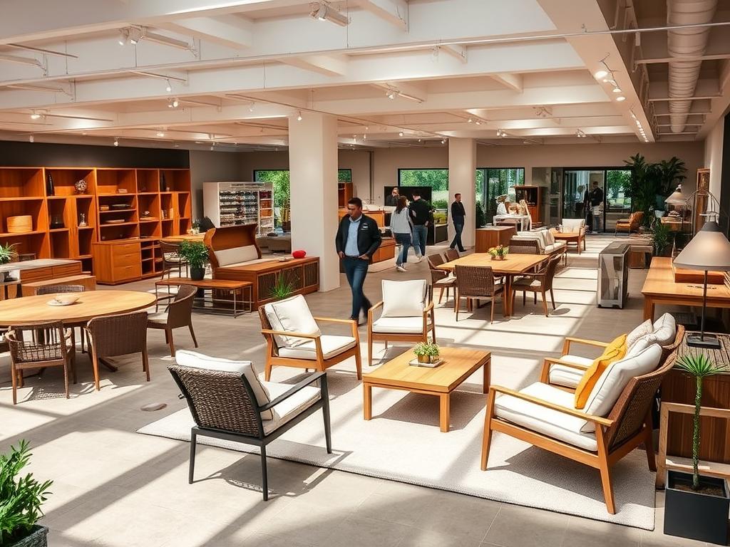 Detailed, well-lit display of high-quality garden furniture showroom. Pristine contemporary patio sets, lounge chairs, and dining tables arranged harmoniously in a spacious, airy setting. Natural wood, wicker, and metal finishes gleam under warm, directional lighting. Subtle shadows add depth, while clean lines and minimalist styling convey elegance. Potential buyers stroll and examine the exquisite, meticulously maintained display pieces. An atmosphere of tranquility and refined outdoor living pervades the scene. Detailed, well-lit display of high-quality garden furniture showroom. Pristine contemporary patio sets, lounge chairs, and dining tables arranged harmoniously in a spacious, airy setting. Natural wood, wicker, and metal finishes gleam under warm, directional lighting. Subtle shadows add depth, while clean lines and minimalist styling convey elegance. Potential buyers stroll and examine the exquisite, meticulously maintained display pieces. An atmosphere of tranquility and refined outdoor living pervades the scene.