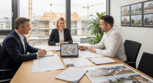 A neatly organized checklist on a wooden clipboard, backlit by warm, natural light filtering through a window. The clipboard sits on a rustic, textured wooden table, with a pen and architect's ruler nearby, suggesting a workspace for planning and decision-making. The background is blurred, creating a sense of focus on the checklist itself, which is rendered in clean, legible typography and icons, clearly outlining the key considerations for choosing the right construction company. The overall mood is one of professionalism, attention to detail, and a thoughtful approach to the homebuilding process. Die Wahl des richtigen Bauunternehmens