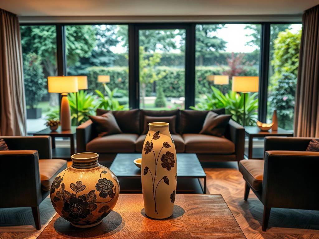 Elegant living room with refined designer decor. A contemporary space with sleek, minimalist furniture in neutral tones. Warm lighting from mid-century inspired floor lamps illuminates the room, casting a cozy glow. Prominent in the foreground, an exquisite ceramic vase with abstract floral motifs sits atop a low, wooden coffee table. In the middle ground, a plush velvet sofa in deep charcoal and matching armchair frame the focal point. The background features floor-to-ceiling windows overlooking a lush, verdant garden, blurring the boundary between indoors and out. An atmosphere of refined sophistication and timeless style. Elegant living room with refined designer decor. A contemporary space with sleek, minimalist furniture in neutral tones. Warm lighting from mid-century inspired floor lamps illuminates the room, casting a cozy glow. Prominent in the foreground, an exquisite ceramic vase with abstract floral motifs sits atop a low, wooden coffee table. In the middle ground, a plush velvet sofa in deep charcoal and matching armchair frame the focal point. The background features floor-to-ceiling windows overlooking a lush, verdant garden, blurring the boundary between indoors and out. An atmosphere of refined sophistication and timeless style.