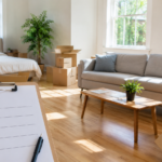 Erste eigene Wohnung mit Umzugskartons, Bett und Sofa sowie Erstausstattung-Checkliste
