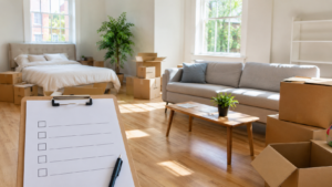 Erste eigene Wohnung mit Umzugskartons, Bett und Sofa sowie Erstausstattung-Checkliste