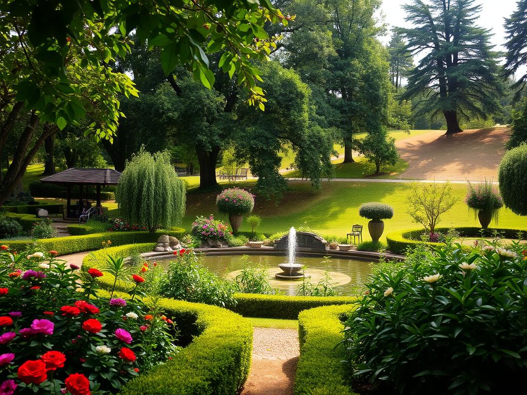 Lush garden landscape with a warm, inviting atmosphere. In the foreground, well-tended flower beds and neatly trimmed hedges. A middle ground showcasing a serene water feature, perhaps a pond or fountain, reflecting the surrounding greenery. In the background, towering shade trees and a gently sloping hill, creating a sense of depth and tranquility. The lighting is soft and natural, with dappled sunlight filtering through the leaves. The overall scene conveys a harmonious balance between nature and human care, embodying the essence of cultivating and maintaining a beautiful outdoor space.