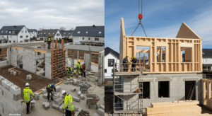 Two modern house designs side-by-side, showcasing the distinct architectural styles of Massivhaus and Fertighaus. The Massivhaus, a solid brick or stone construction, stands tall and sturdy, exuding a sense of timelessness. The Fertighaus, a prefabricated modular design, exhibits a sleek, streamlined aesthetic with clean lines and minimalist details. Both houses are bathed in warm, golden sunlight, casting soft shadows that accentuate their unique features. The foreground depicts the exteriors of the homes, while the background features a serene, natural landscape with rolling hills and lush greenery, creating a harmonious and picturesque setting. The overall scene conveys the key differences between these two popular homebuilding approaches, allowing the viewer to envision the distinct characteristics and advantages of each. Massivbau und Fertighaus