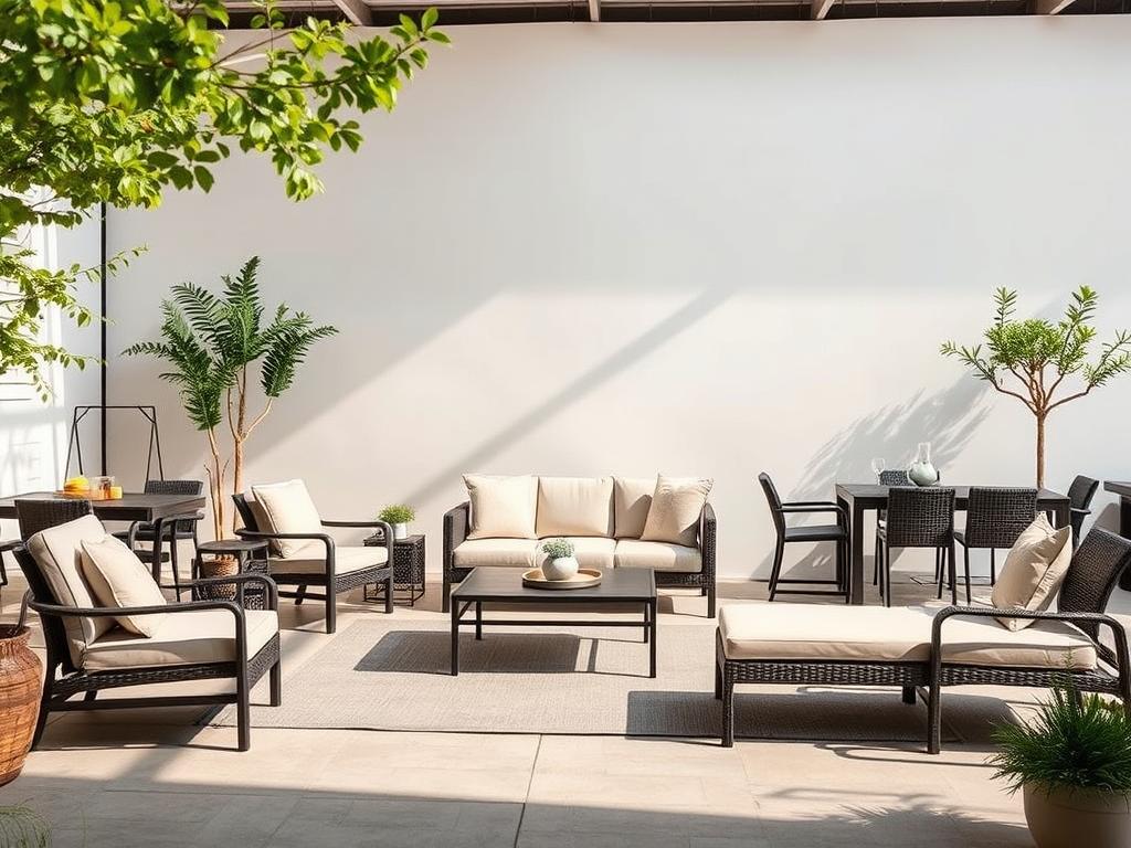 Outdoor furniture display pieces in an online store setting. Showcase of high-quality patio sets, lounge chairs, and dining tables against a minimalist white backdrop. Soft, warm lighting casts gentle shadows, highlighting the craftsmanship and materials. The arrangement suggests a harmonious, relaxing garden atmosphere, enticing the viewer to envision the furniture in their own outdoor space. Crisp product photography with a shallow depth of field, focusing attention on the detailed design and premium finishes. The scene conveys a sense of quality, value, and the thrill of discovering end-of-season deals on luxury garden furnishings. Outdoor furniture display pieces in an online store setting. Showcase of high-quality patio sets, lounge chairs, and dining tables against a minimalist white backdrop. Soft, warm lighting casts gentle shadows, highlighting the craftsmanship and materials. The arrangement suggests a harmonious, relaxing garden atmosphere, enticing the viewer to envision the furniture in their own outdoor space. Crisp product photography with a shallow depth of field, focusing attention on the detailed design and premium finishes. The scene conveys a sense of quality, value, and the thrill of discovering end-of-season deals on luxury garden furnishings.